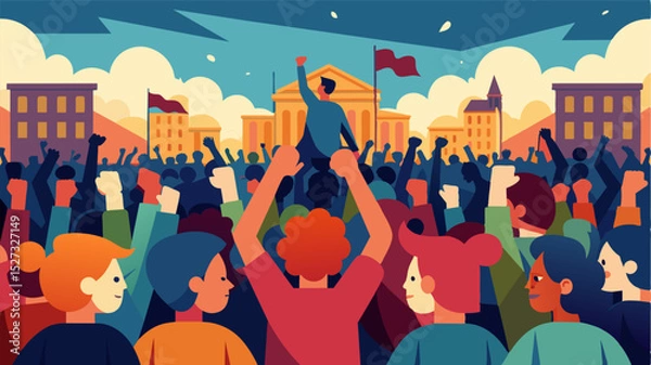Fototapeta A sea of people gathered in a city square raising their fists in unison and chanting Lower the Prices Feed the People. Vector illustration