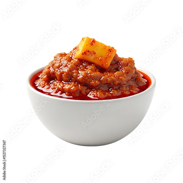 Fototapeta Authentic indian mango pickle achaar recipe traditional spicy mango pickle in white bowl isolated on transparent background