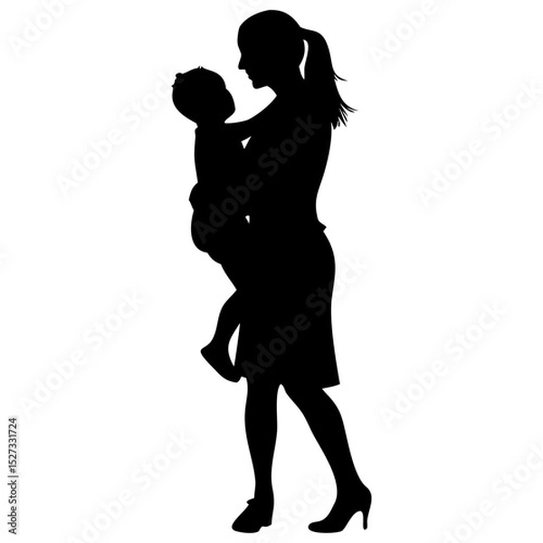 Obraz Set of mother hugging his daughter full black silhouette vector illustration design