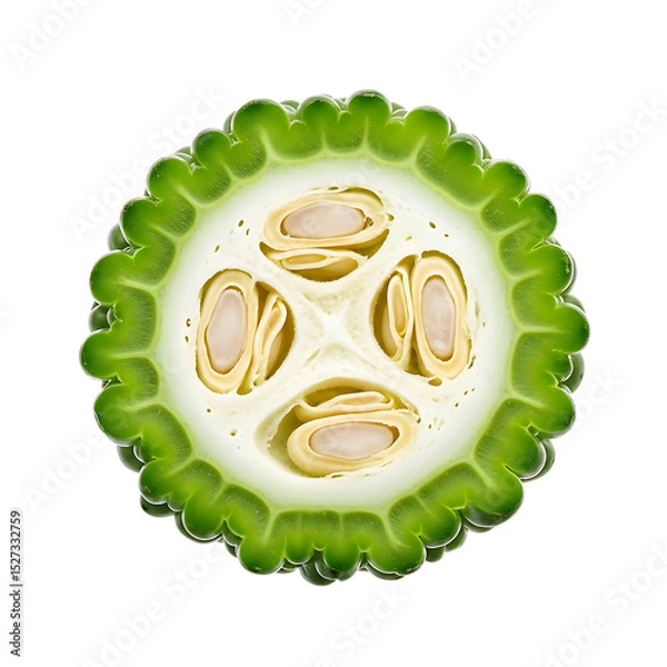 Fototapeta Bitter melon slice cross section close up fresh green healthy vegetable with seeds isolated on black background on transparent background