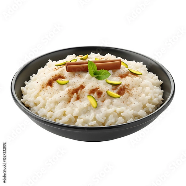 Fototapeta Creamy rice pudding recipe with cinnamon and pistachio garnish in a black bowl on dark background on transparent background