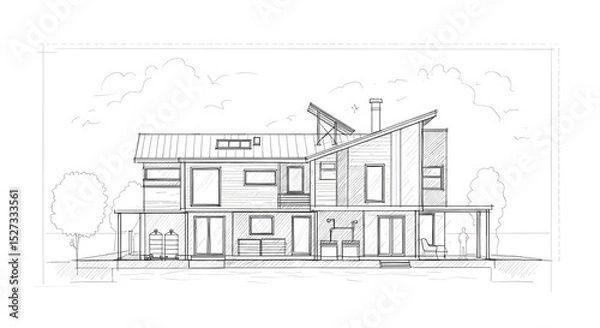 Fototapeta Architectural drawing of modern house design with blueprint sketch and home construction plan view on transparent background