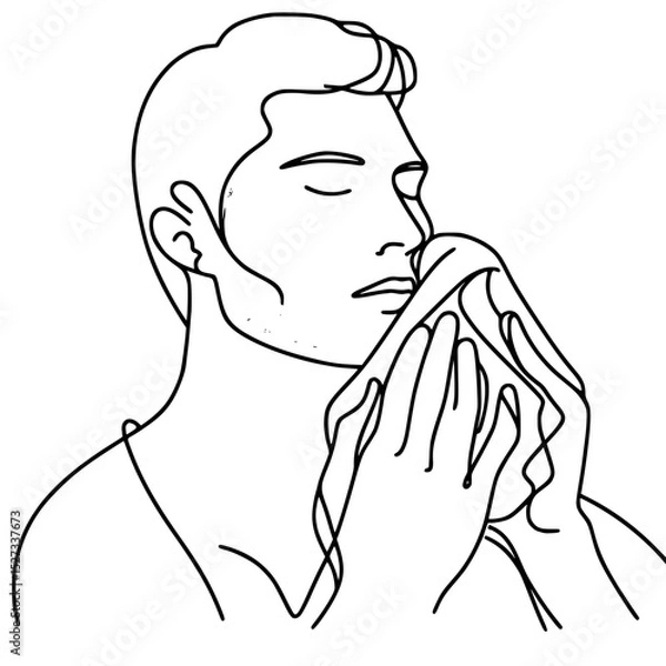 Obraz Man gently holding cloth to his face in single line outline vector  