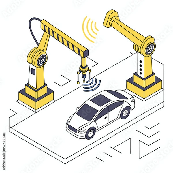 Obraz High-Tech Robotic Car Assembly with Yellow Accents – Clean Vector, Adobe Illustrator Artwork