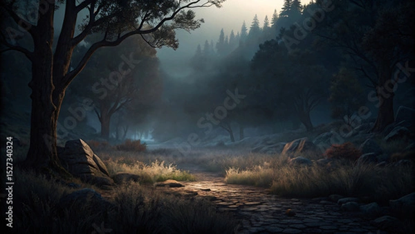 Fototapeta Misty morning forest landscape with dark trees and foggy light