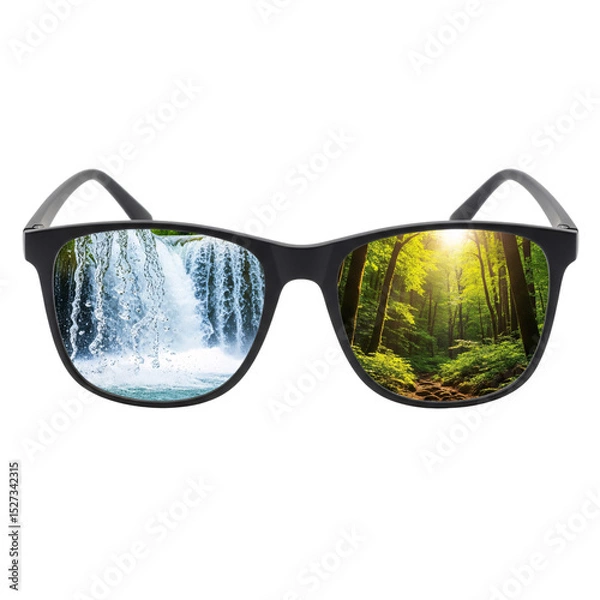 Fototapeta Stylish Black Glasses Reflecting a Vibrant Waterfall and a Sunny Forest