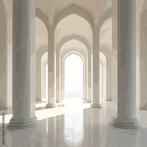 Fototapeta Bright White Minimalist 3D Render of a Grand Hall with Columns and Arches
