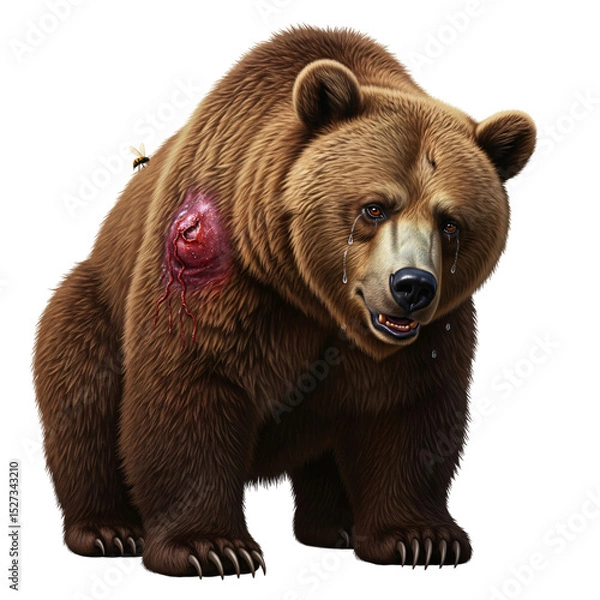 Fototapeta Sad Brown Bear with a Bee Sting on its Back and Tears