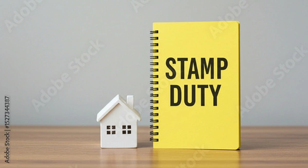 Fototapeta A small white house model next to a yellow notepad with the words stamp duty written on it in black ink