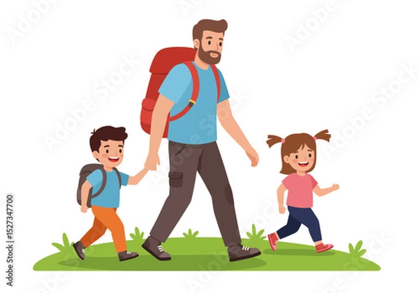 Obraz A man hiking with two children on a green path He has a large backpack
