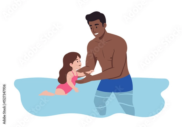 Obraz A man teaching a girl to swim in a light blue pool