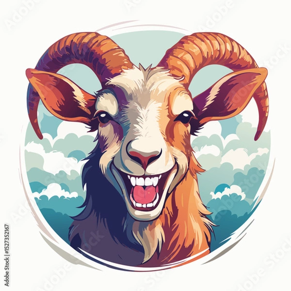 Fototapeta A wild and goofy goat with exaggerated grin and curled horns, bursting with personality—ideal for quirky, eye-catching t-shirt art.