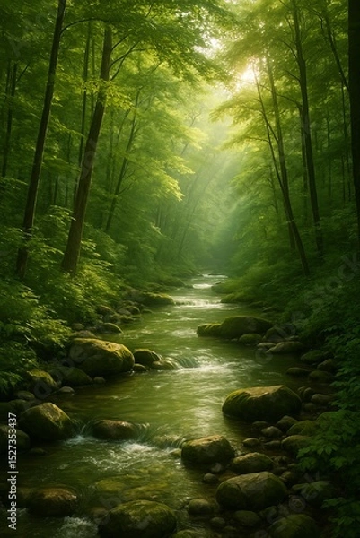 Fototapeta A serene forest scene featuring a flowing stream with mossy rocks and lush green trees in soft sunlight