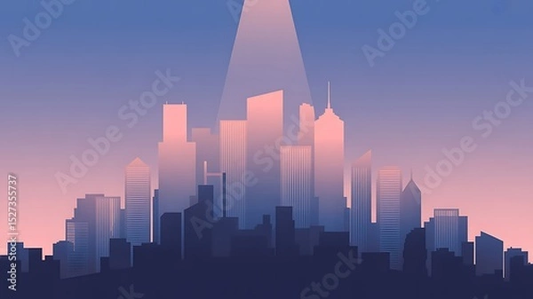 Fototapeta A stylized cityscape at dawn, bathed in soft pink and purple hues, with a beam of light illuminating the scene.