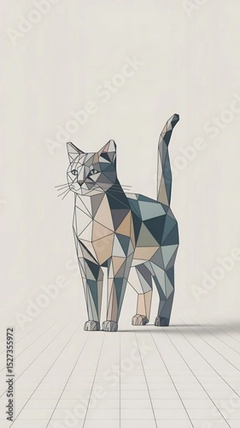 Fototapeta A low-poly cat stands in a gridded room, showcasing a unique geometric art style.