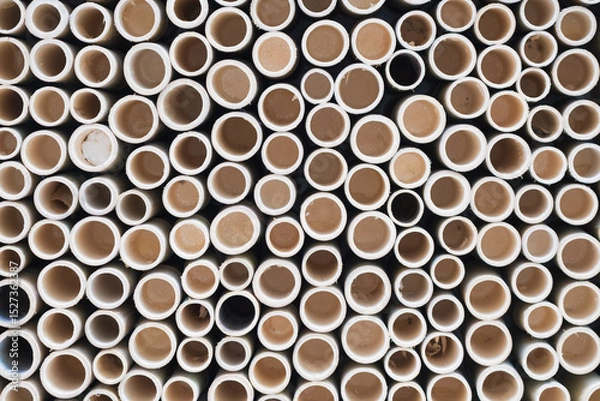 Fototapeta bamboo pile stacked vertically create texture wall background. Circle in front of pipes pattern