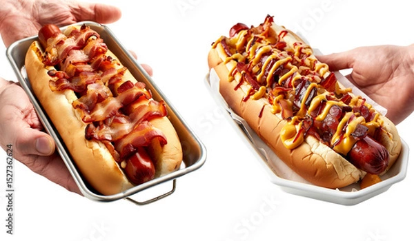 Fototapeta Hot dog with mustard, ketchup, bacon, isolated on white transparent background. Fast food concept.