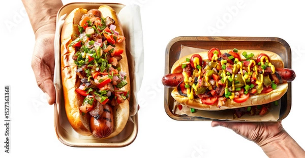 Fototapeta Hot dog with mustard, ketchup, bacon, isolated on white transparent background. Fast food concept.