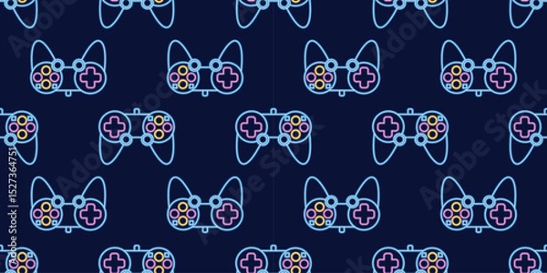 Fototapeta Vector neon glow game controller gamepad seamless pattern. Colored outline joystick element flat style on night dark background. Gamer device background