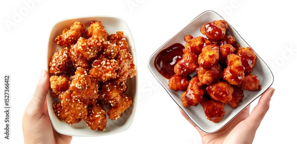 Fototapeta Fried honey bbq chicken nuggets on white tray held by hand, isolated white transparent background, concept of appetizer or snack.