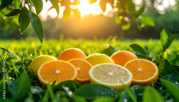 Fototapeta Morning Light Scattering on Halved Lemons and Oranges on Surface