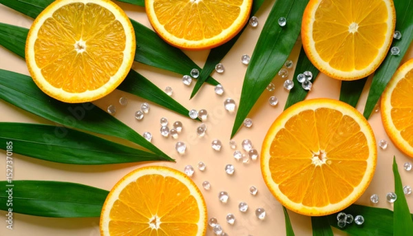 Fototapeta Fresh Citrus Slices with Soft Green Leaves and Glassy Beads