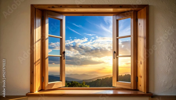 Fototapeta Tranquil View from a Window Showcasing Golden Light and Clouds