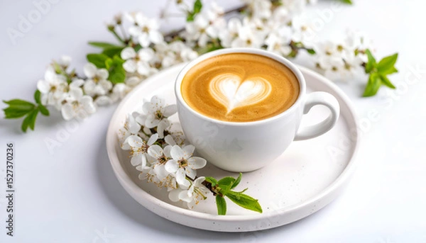 Fototapeta Soft Ceramic Cup of Coffee with Heart Foam and Blossom Accents