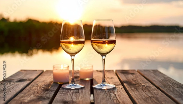 Fototapeta Romantic Dinner Setup by the Lake with Candlelight and Wine