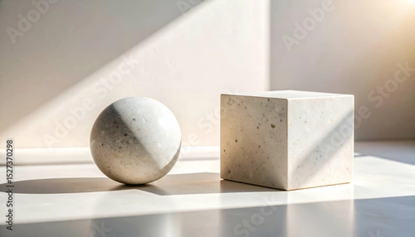Fototapeta Smooth Sphere and Cube in Pale Stone with Subtle Shadows and Light