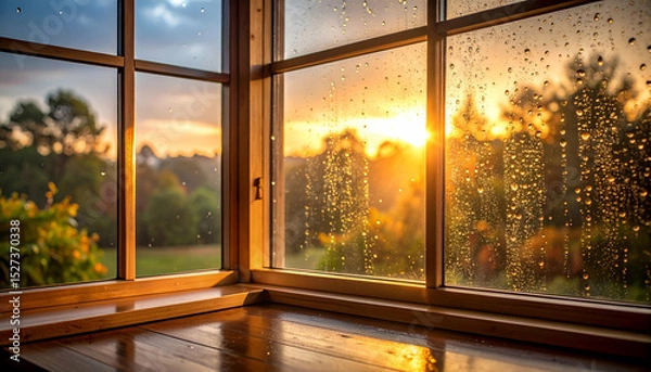 Fototapeta Warm Backlight Glow Through Glass with Water Droplets at Sunset