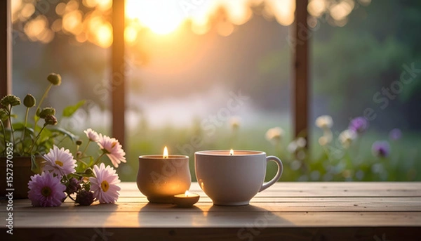 Fototapeta Serene Morning Light with Candles and Flowers in a Cozy Setting
