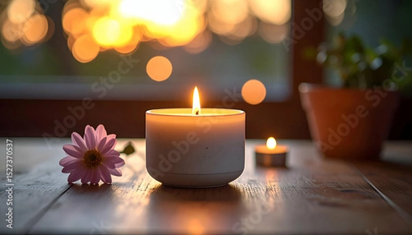 Fototapeta Candle Flame in Serene Setting with Blurred Sunset Background