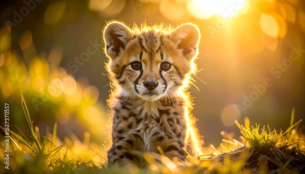 Fototapeta Young Cheetah Cub Portrait with Soft Background and Warm Light