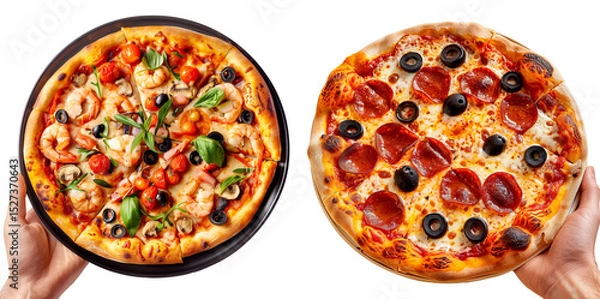 Fototapeta Hand holding Chicago Diavola Style pizza isolated on white transparent background. Concept of fast food and homemade pizza.