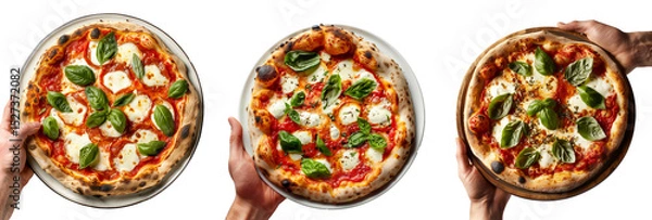 Fototapeta Hand holding Margherita Style pizza isolated on white transparent background. Concept of fast food and homemade pizza.