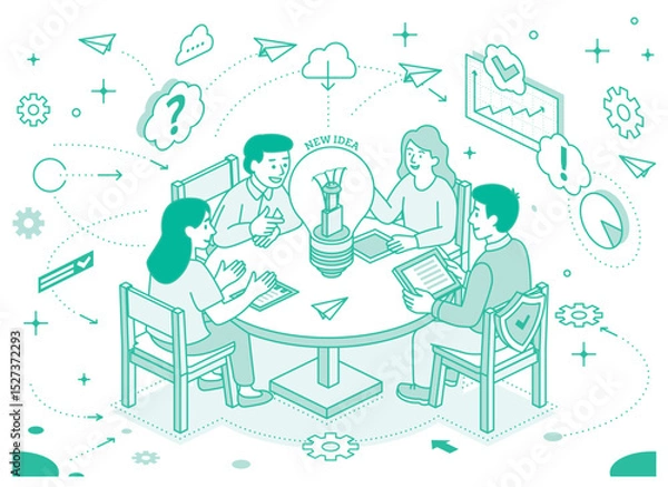Fototapeta Creative team brainstorming at a round table. Four people discuss ideas with light bulb, charts, and icons around. Business innovation and teamwork concept. Isometric illustration.