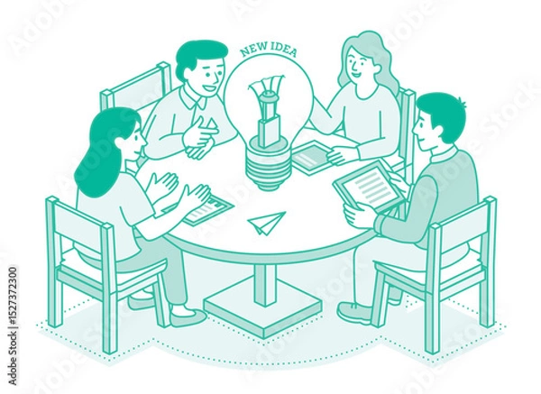Fototapeta Creative team brainstorming at a round table. Four people discuss ideas with light bulb. Business innovation and teamwork concept. Isometric illustration.