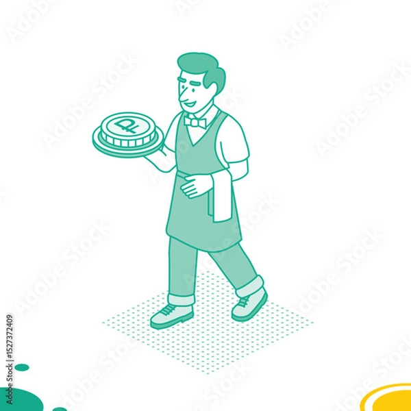 Fototapeta Smiling waiter carrying a tray with a rouble coin. Financial metaphor concept. Artwork in green linear style. Isometric outline style.