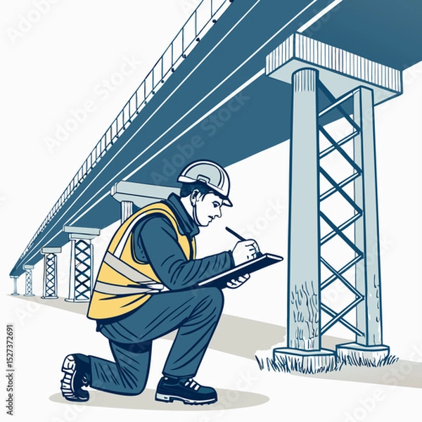 Obraz Create a bold vector illustration of a bridge inspector, meticulously examining a bridge structure.  Show detailed equipment and a serious expression.