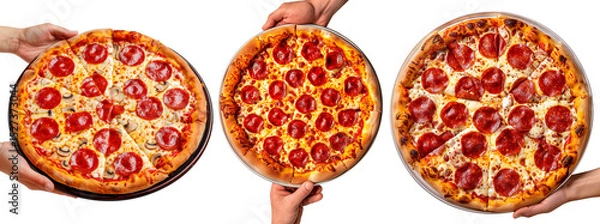 Fototapeta Hand holding Supreme pizza isolated on white transparent background. Concept of fast food and homemade pizza.