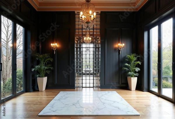 Fototapeta An opulent and dramatic entryway featuring black paneled walls, a grand crystal chandelier, a polished marble floor slab, and elegant symmetrical design.
