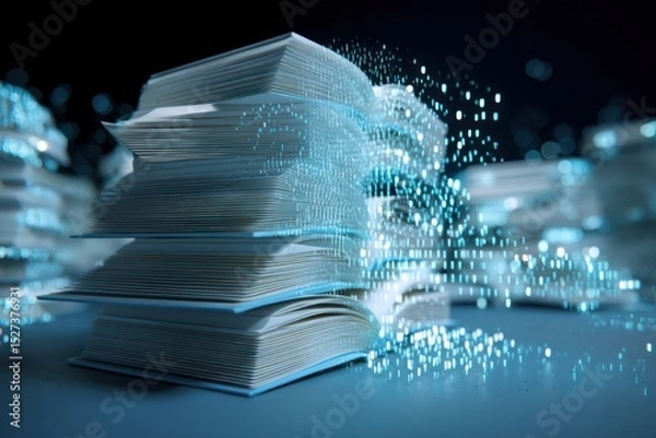 Fototapeta Concept of digital books turning into binary code, illustrating the shift to digital education.