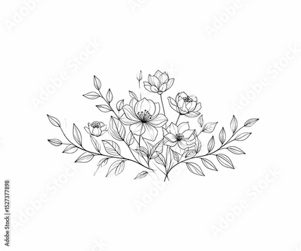 Fototapeta Minimalist Botanical Line Art in Black and White – Elegant Floral and Leaf Illustration for Modern Decor and Design