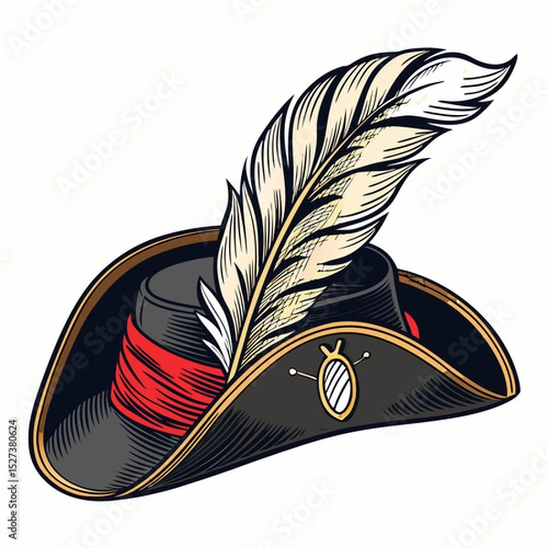 Obraz Create a bold, vector illustration of a pirate's tricorn hat with detailed feather embellishment.  High contrast, clean lines.