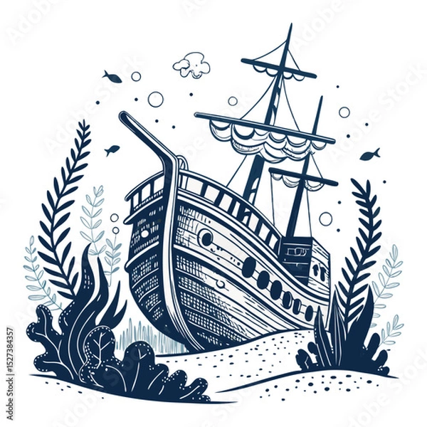 Obraz Create a bold vector illustration of a sunken pirate galleon, emphasizing strong black outlines and textured surfaces.  Include details like cannons and rigging.