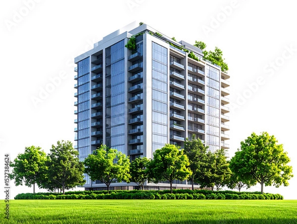 Fototapeta High-rise building, transparent PNG background with green grass and trees, architectural design 