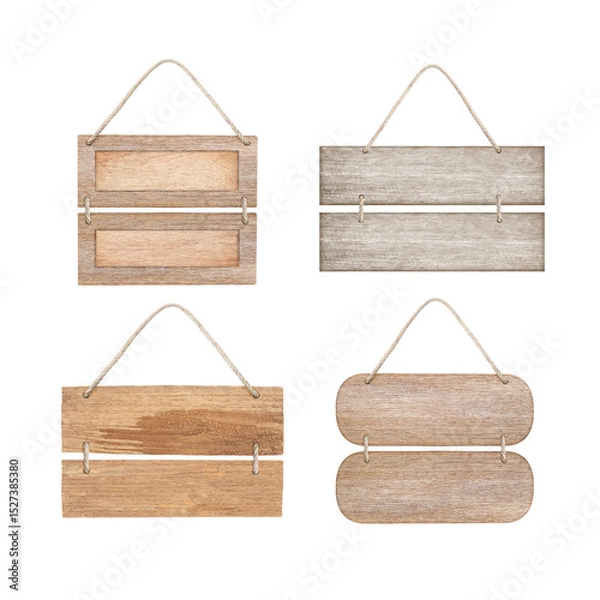 Fototapeta empty wooden sign frame with lope for hang on white background