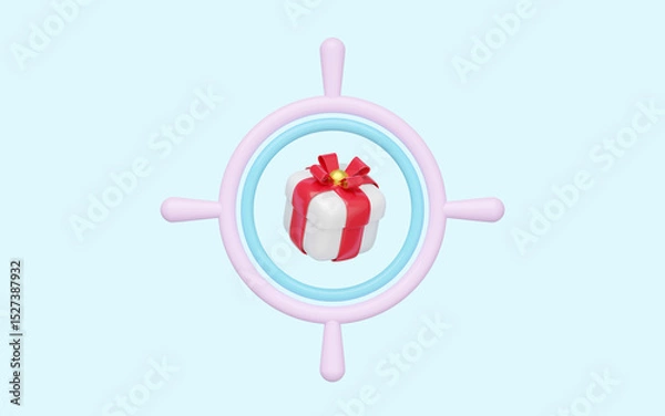 Obraz 3d Target with gift box isolated on blue background. Looking for gift for New Year or birthday concept, 3d render illustration