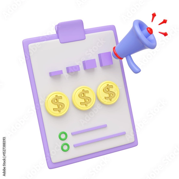 Obraz 3d megaphone or loudspeaker, hand speaker icon with clipboard, checklist paper isolated. project plan, business strategy concept, 3d render illustration